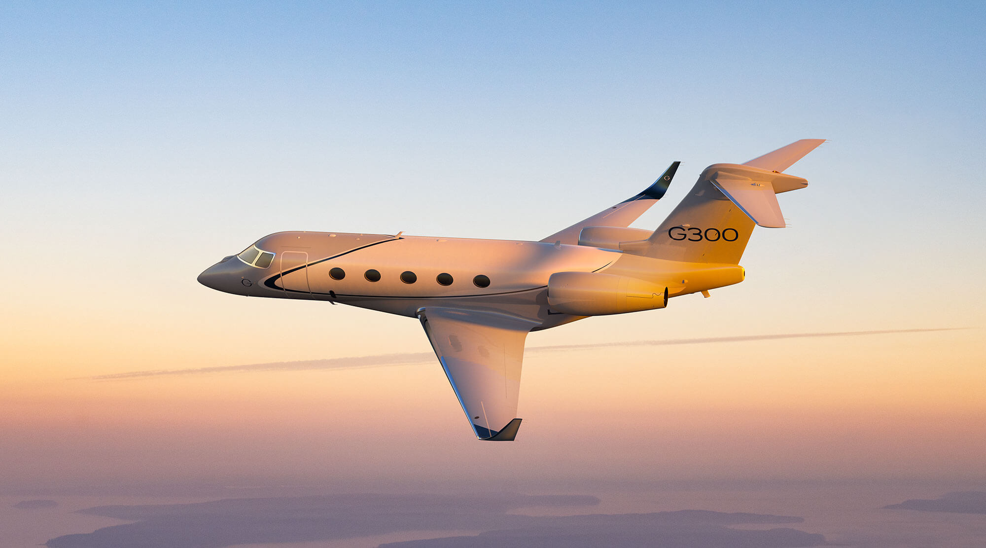 A Gulfstream G300 in golden light flies above a sunrise on the distant horizon.